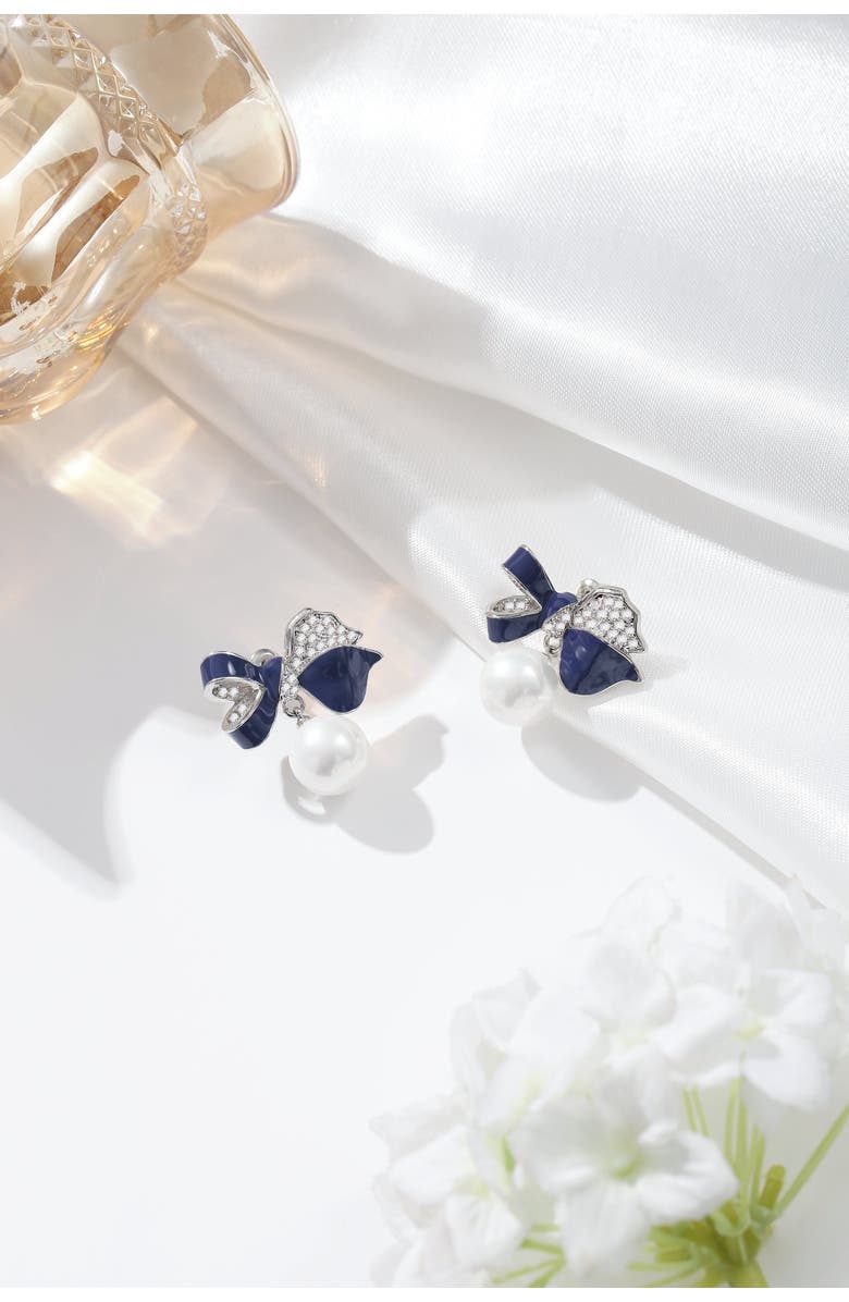 Classicharms Blue Enamel Butterfly Imitation Pearl Dangle Earrings, Alternate, color, Silver