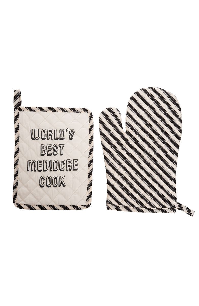 Totalee Gift Mediocre Cook Pot Holder & Oven Mitt Set of 2 Cotton Black, Main, color, Grey
