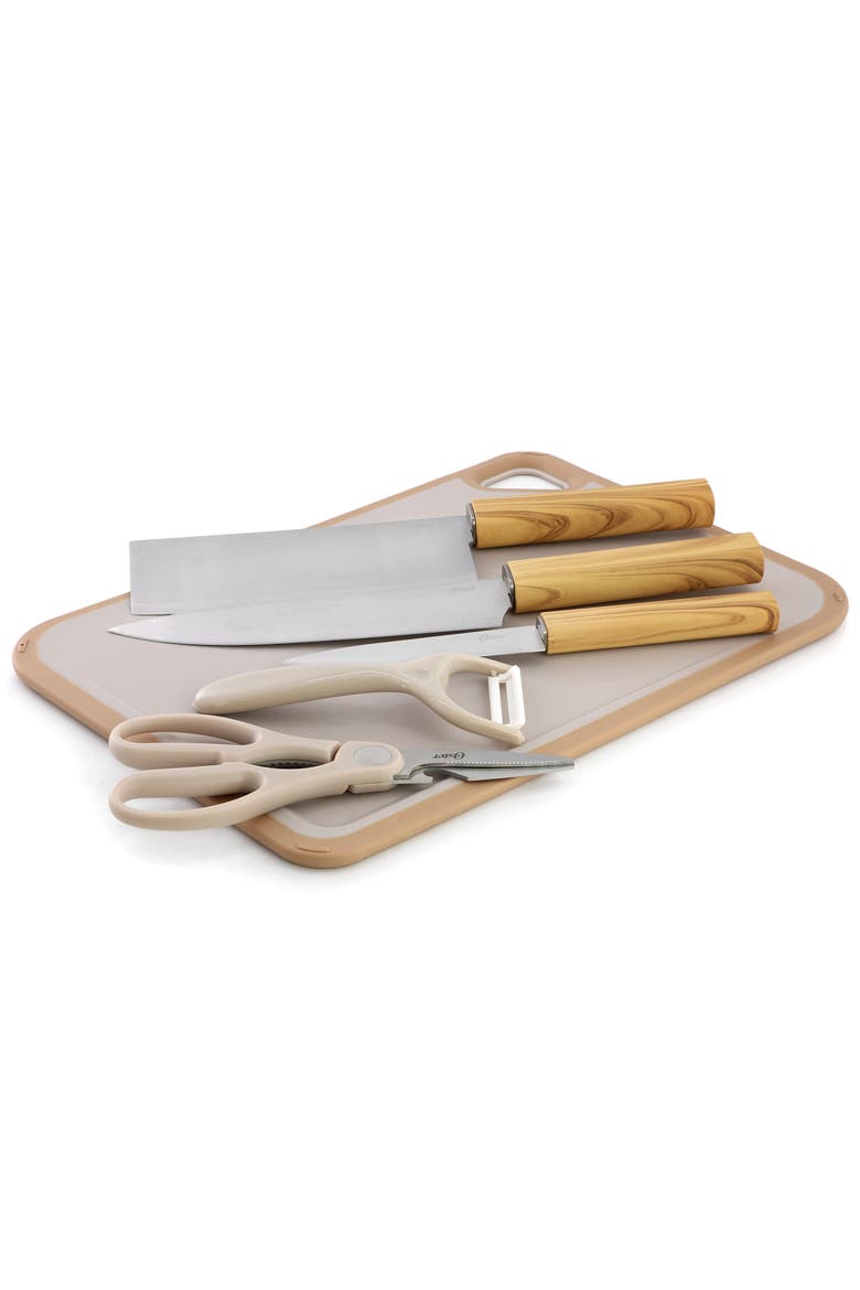 Stainless Steel 6 Piece Cutlery and Cutting Board Set, Alternate, color, Brown
