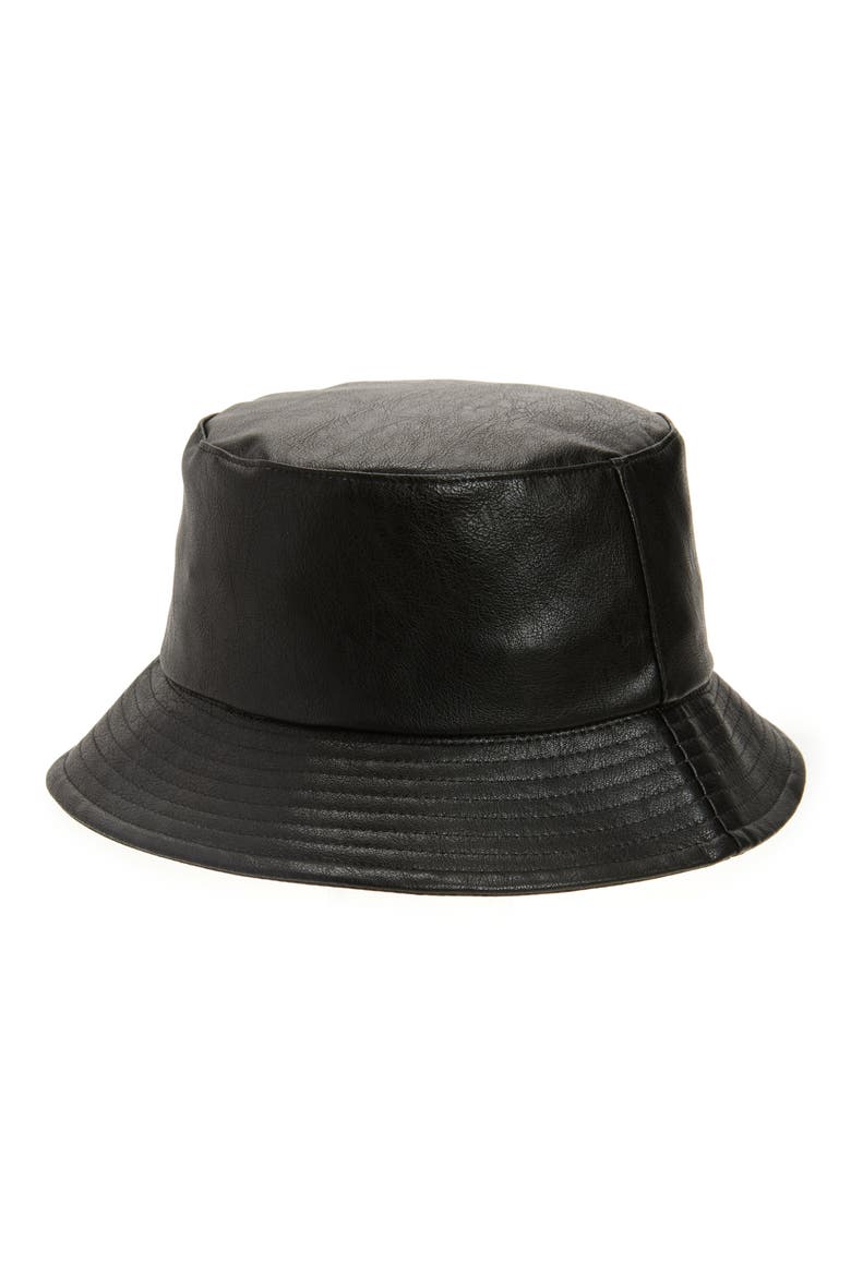 Faux Leather Bucket Hat, Main, color, BLACK