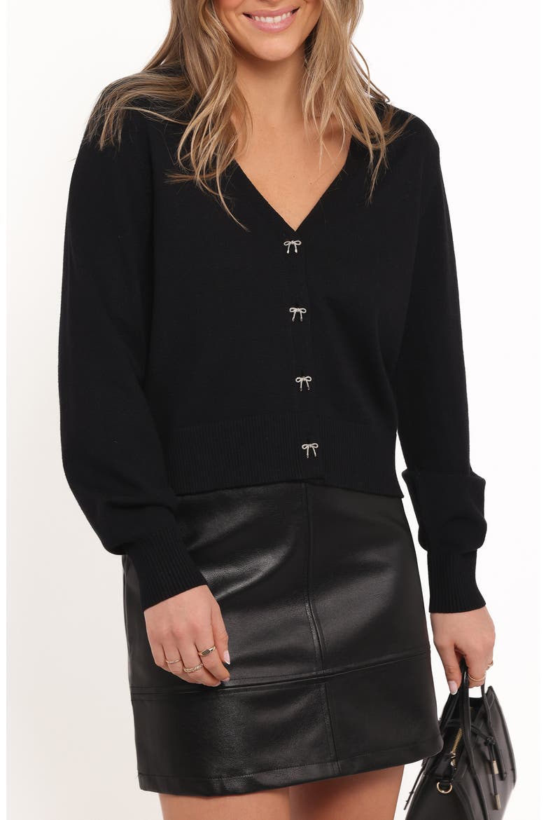 Josey Bow Button Cardigan, Main, color, BLACK
