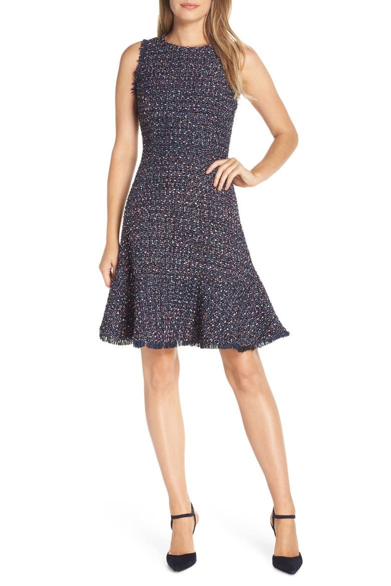 Sleeveless Tweed Fit & Flare Dress, Main, color, NAVY