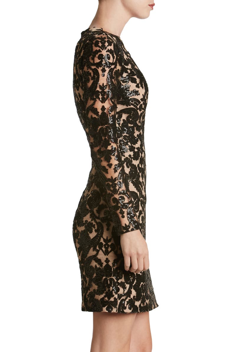 Dress the Population Claudia Plunging Illusion Sequin Lace Minidress, Alternate, color, 