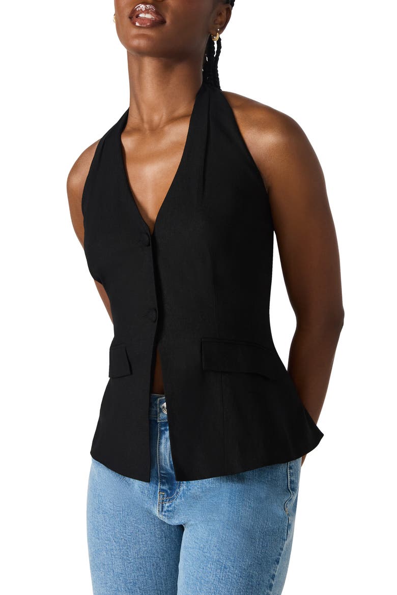 Brielle Linen Blend Halter Vest, Main, color, BLACK