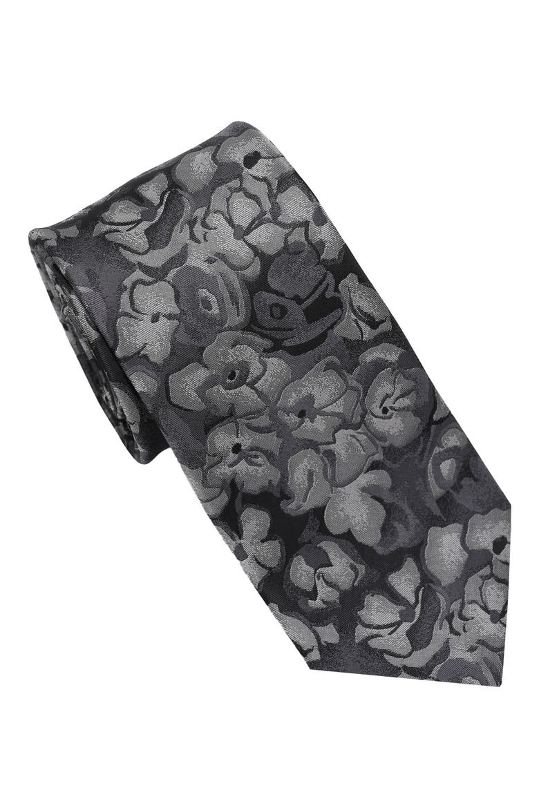 Large Floral Print Tie, Main, color, BLACK/ WHITE