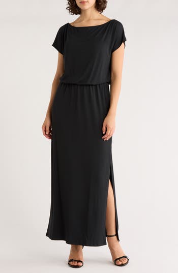 Lovestitch Cap Sleeve Slit Maxi Dress In Black