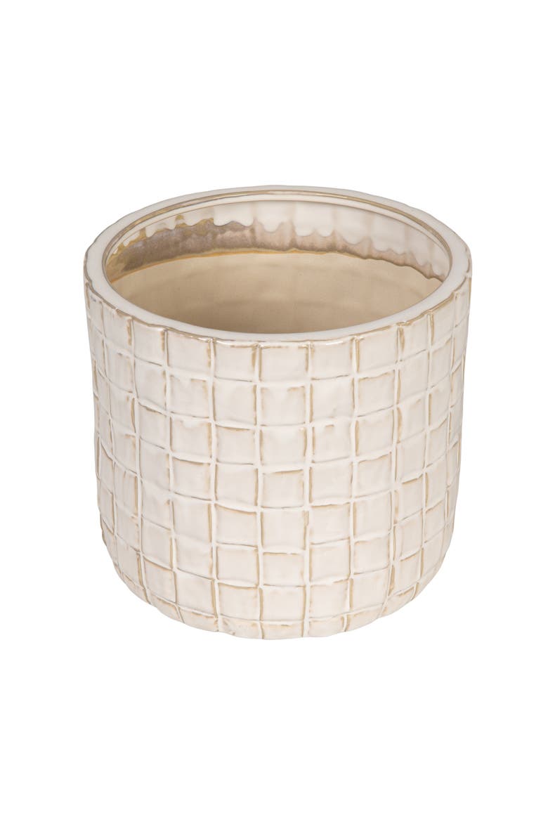 Round Stoneware Planter with Woven Pattern in Reactive Glaze, Cream Color, Main, color, Cream