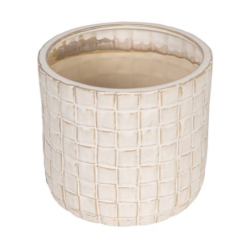 Round Stoneware Planter with Woven Pattern in Reactive Glaze, Cream Color
