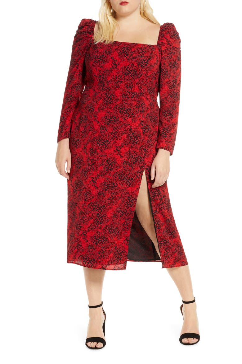 Spatter Print Square Neck Long Sleeve Midi Dress, Main, color, RED CHILI- BLACK DOT