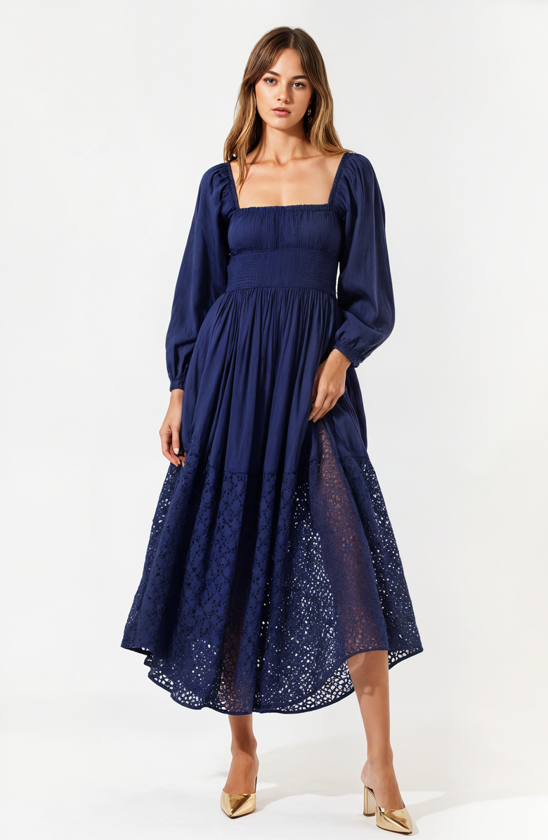 Modenaire Square-Neck Smocked Midi Dress with Long Sleeves and Eyelet Hem, Alternate, color, Navy Blue