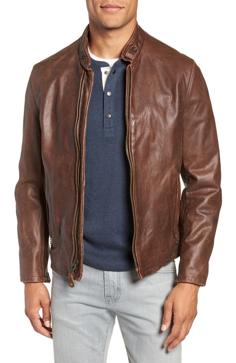 Schott NYC Café Racer Hand Vintaged Cowhide Leather Jacket, Main, color, Brown