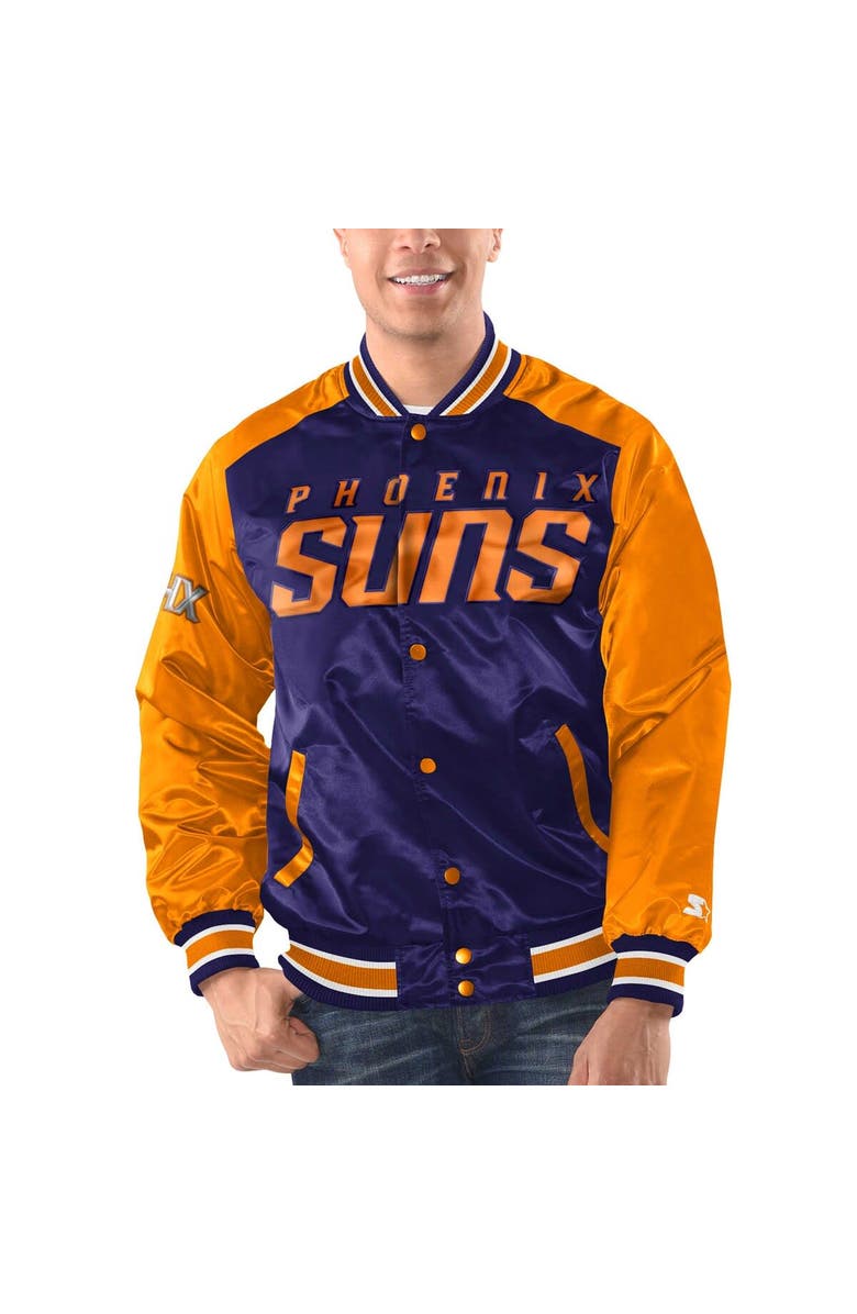 STARTER Men's Starter Purple/Orange Phoenix Suns Renegade Satin Full-Snap Varsity Jacket, Alternate, color, Purple