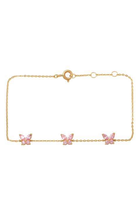 14K Gold CZ Butterfly Station Chain Bracelet