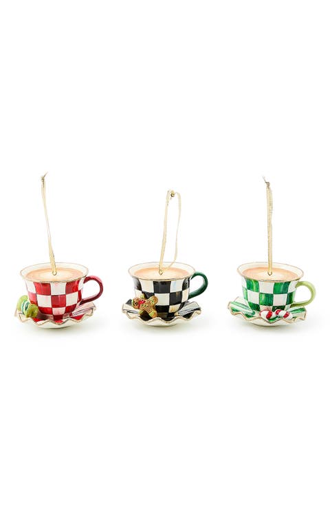 Set of 3 Check It Out Teacup Glass Ornaments