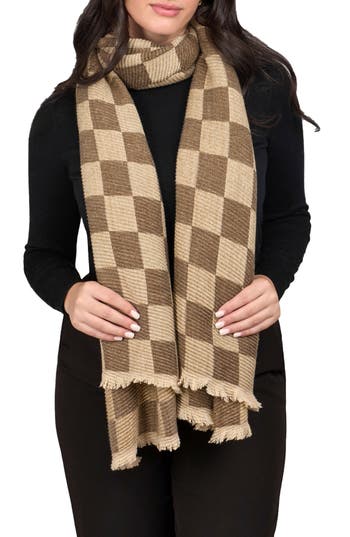 Saachi Fringe Checkered Scarf In Green/beige