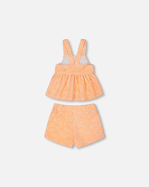 Deux Par Deux Girl's Printed Terry Tank Top And Shorts Set Vibrant Orange And White In Vibrant Orange And White