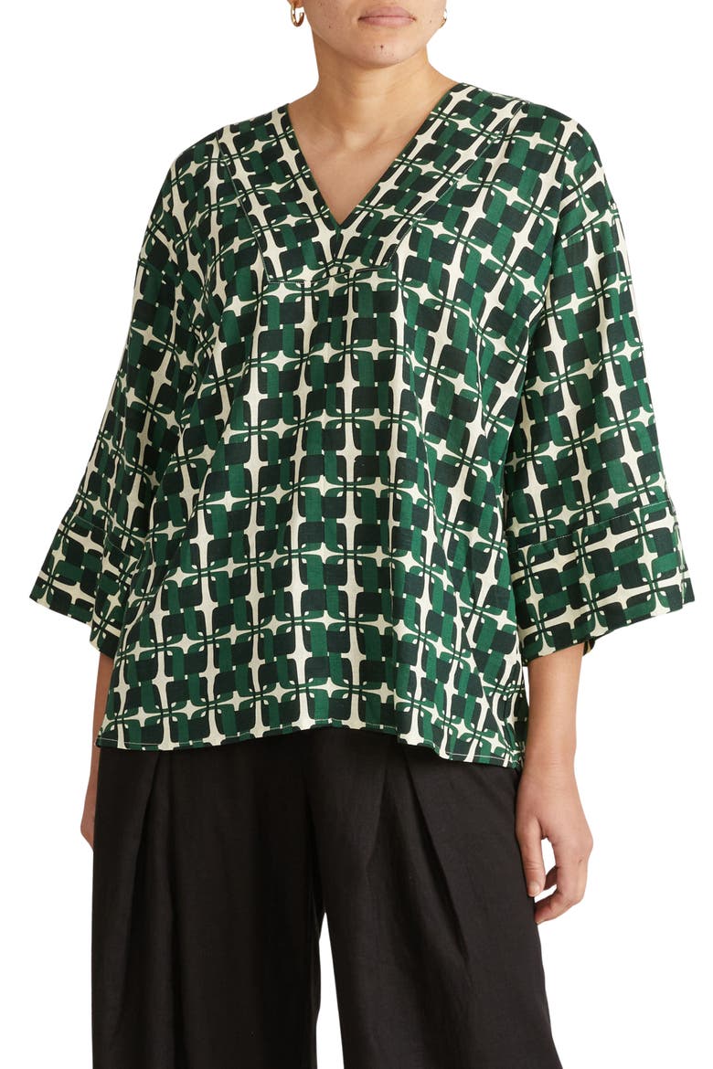 Elio Print Linen Blend Top, Main, color, GREEN TRELLIS PRINT