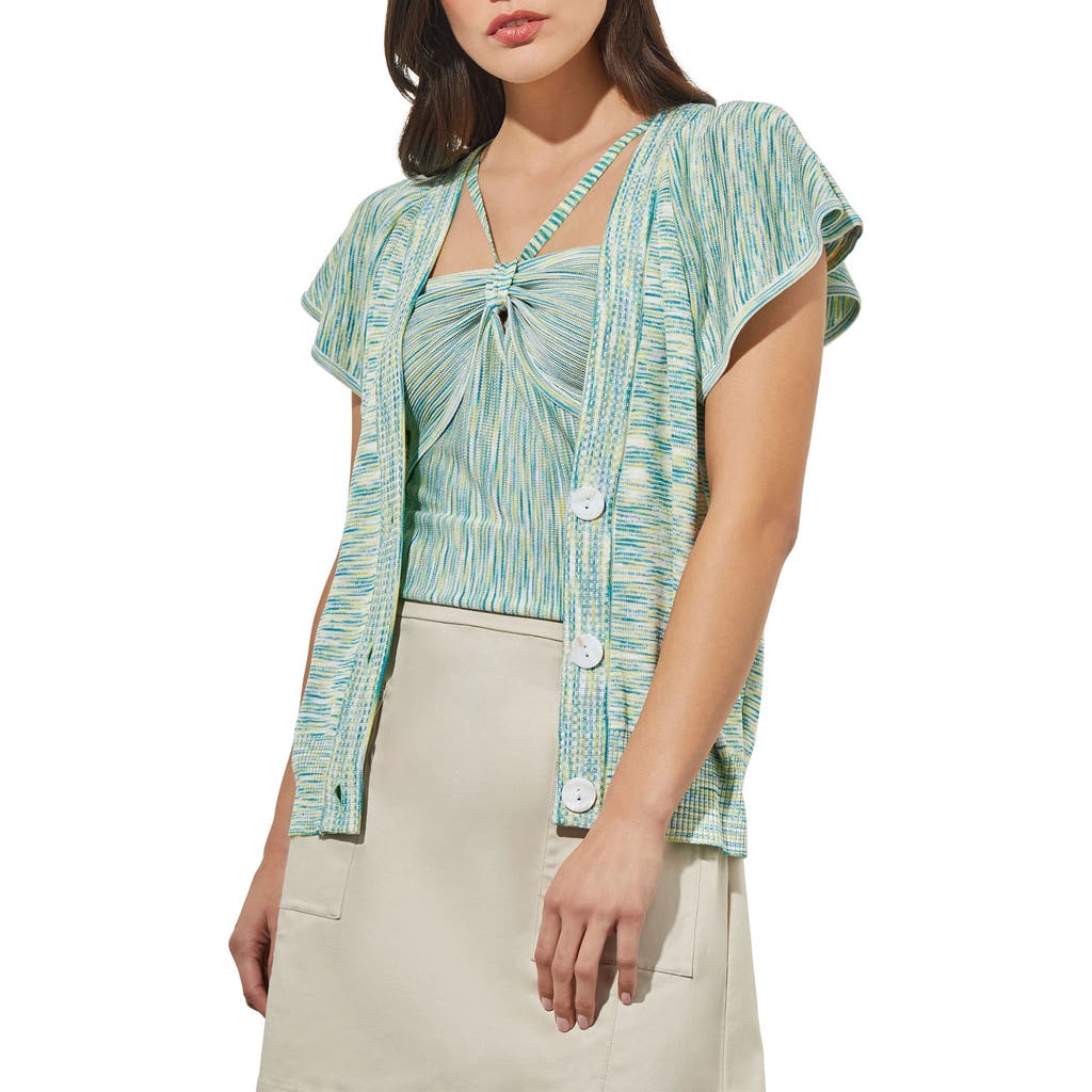 Ming Wang Space Dye Flutter Sleeve Cardigan In Green