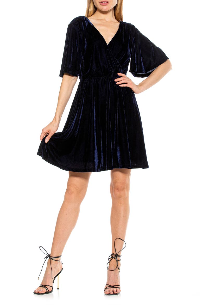 Oakless Velvet Flutter Sleeve Fit & Flare Dress, Main, color, NAVY