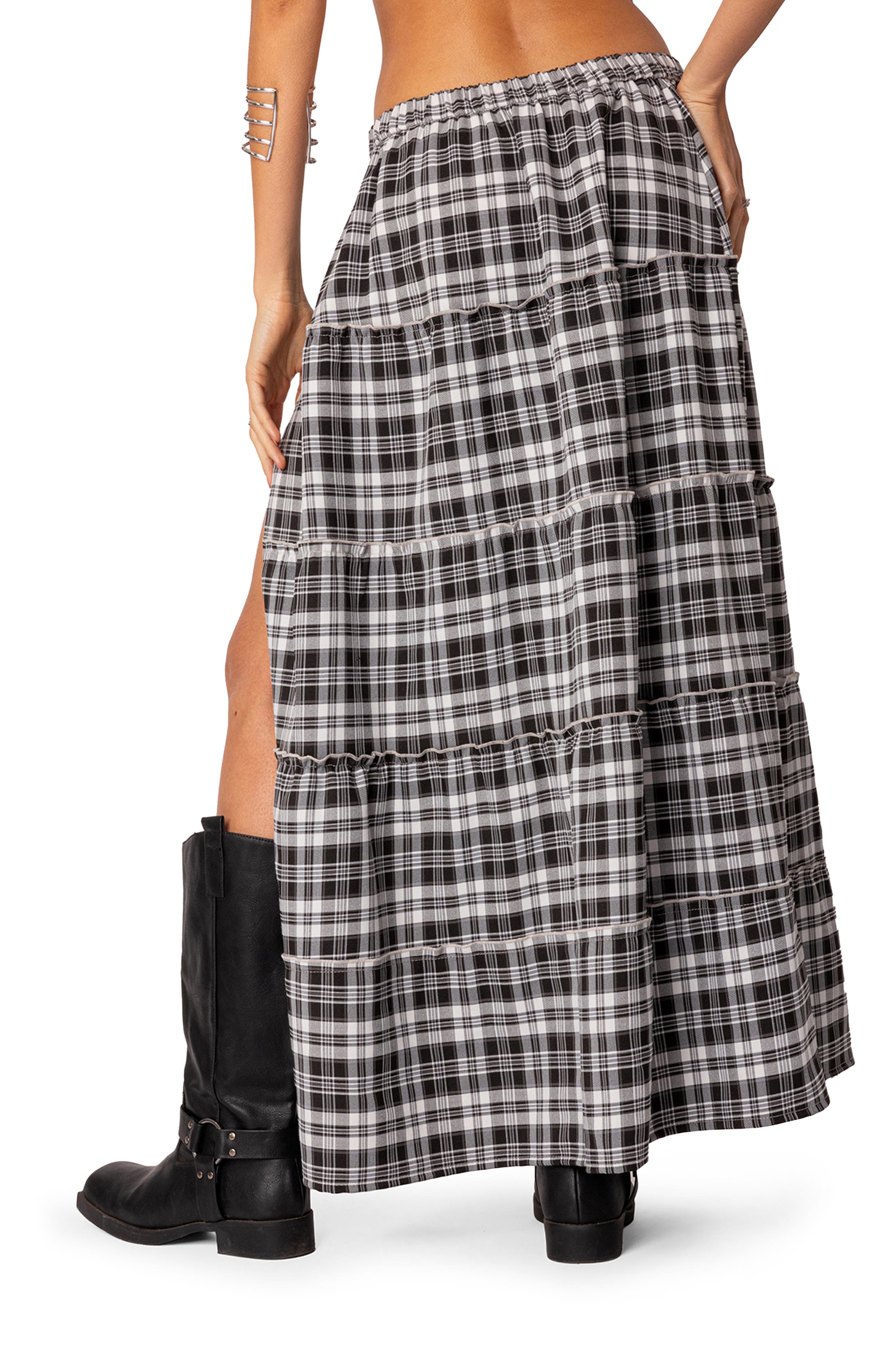 Plaid Tiered Slit Maxi Skirt - image 2