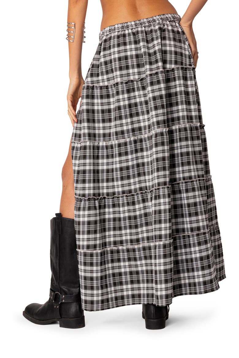 Plaid Tiered Slit Maxi Skirt, Alternate, color, BLACK-AND-WHITE