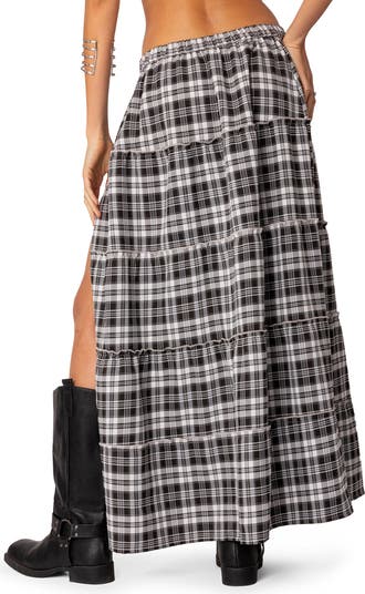 Plaid Tiered Side Slit Maxi Skirt