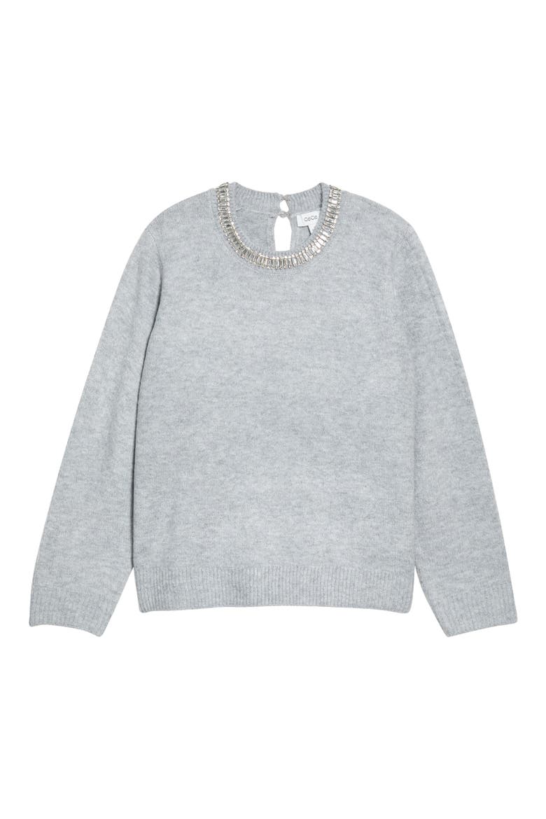 Rhinestone Neckline Sweater, Main, color, LIGHT HEATHER GREY