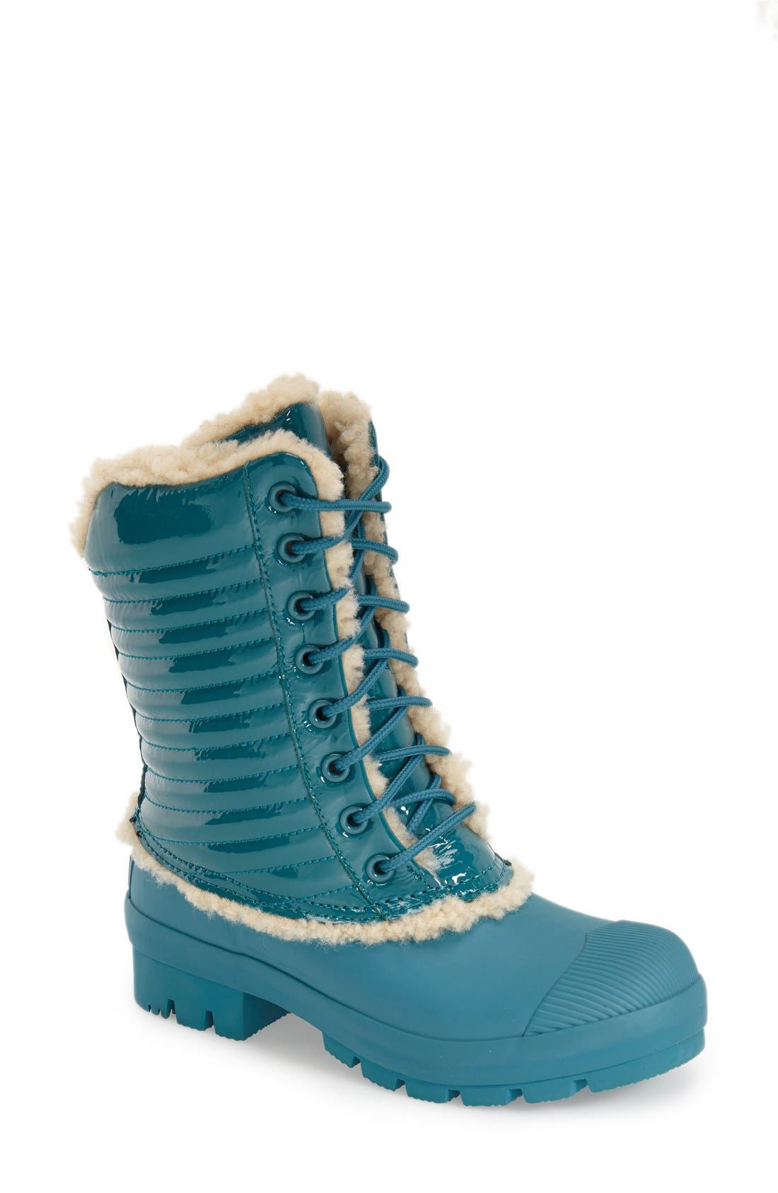 Original Genuine Shearling & Patent Leather Lace-Up Rain Boot, Main, color, BRIGHT PEACOCK          