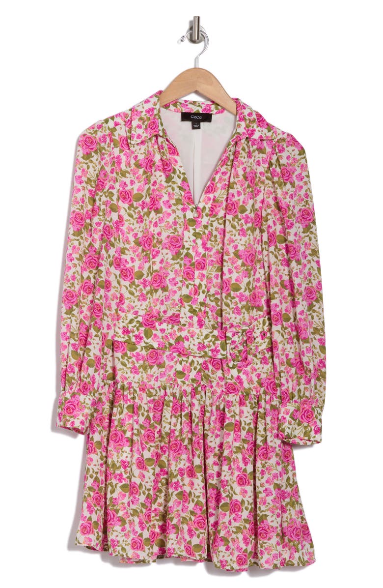 CeCe Floral Long Sleeve Belted Shirtdress, Alternate, color, Floret Pink