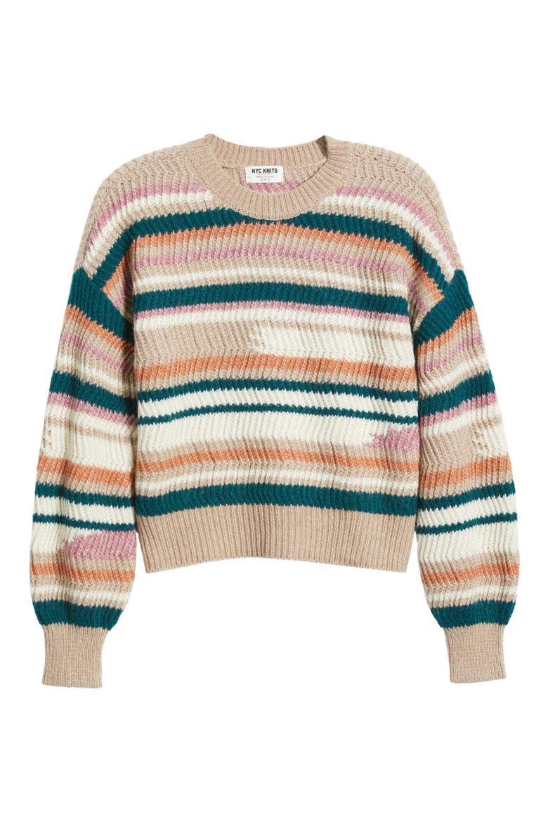 Stripe Balloon Sleeve Crewneck Sweater, Alternate, color, TAUPE COMBO