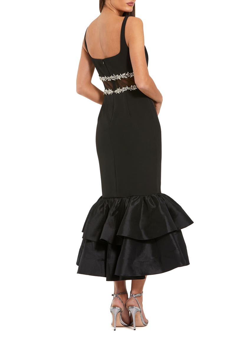 Petite Crepe Midi Dress with Jewel Detail & Ruffle Hem, Alternate, color, Black