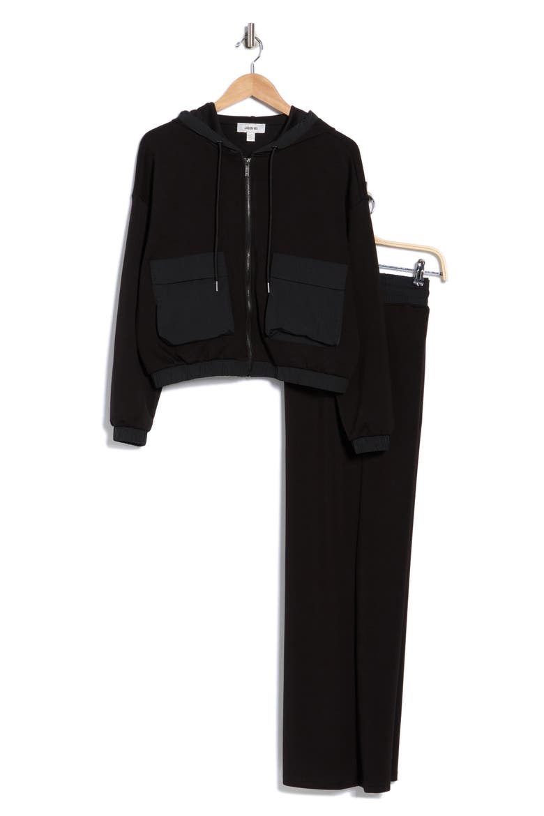 Mixed Media Hoodie & Pants Set, Alternate, color, BLACK
