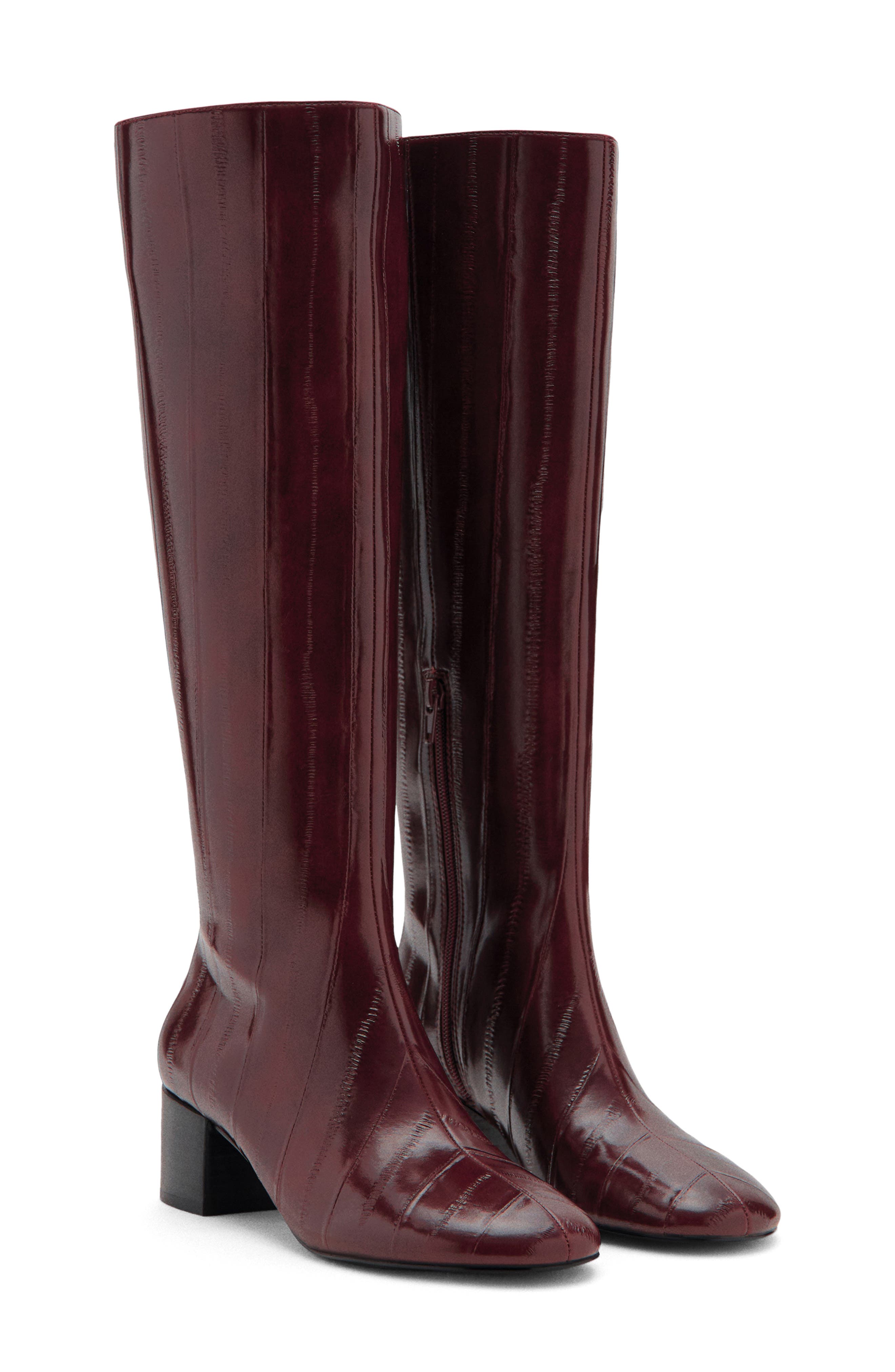 MANGO Embossed Faux Leather Tall Boot, Main, color, Burgundy