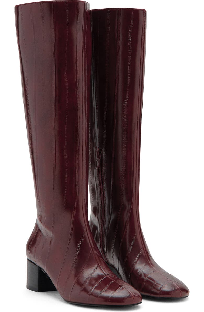 MANGO Embossed Faux Leather Tall Boot, Main, color, Burgundy