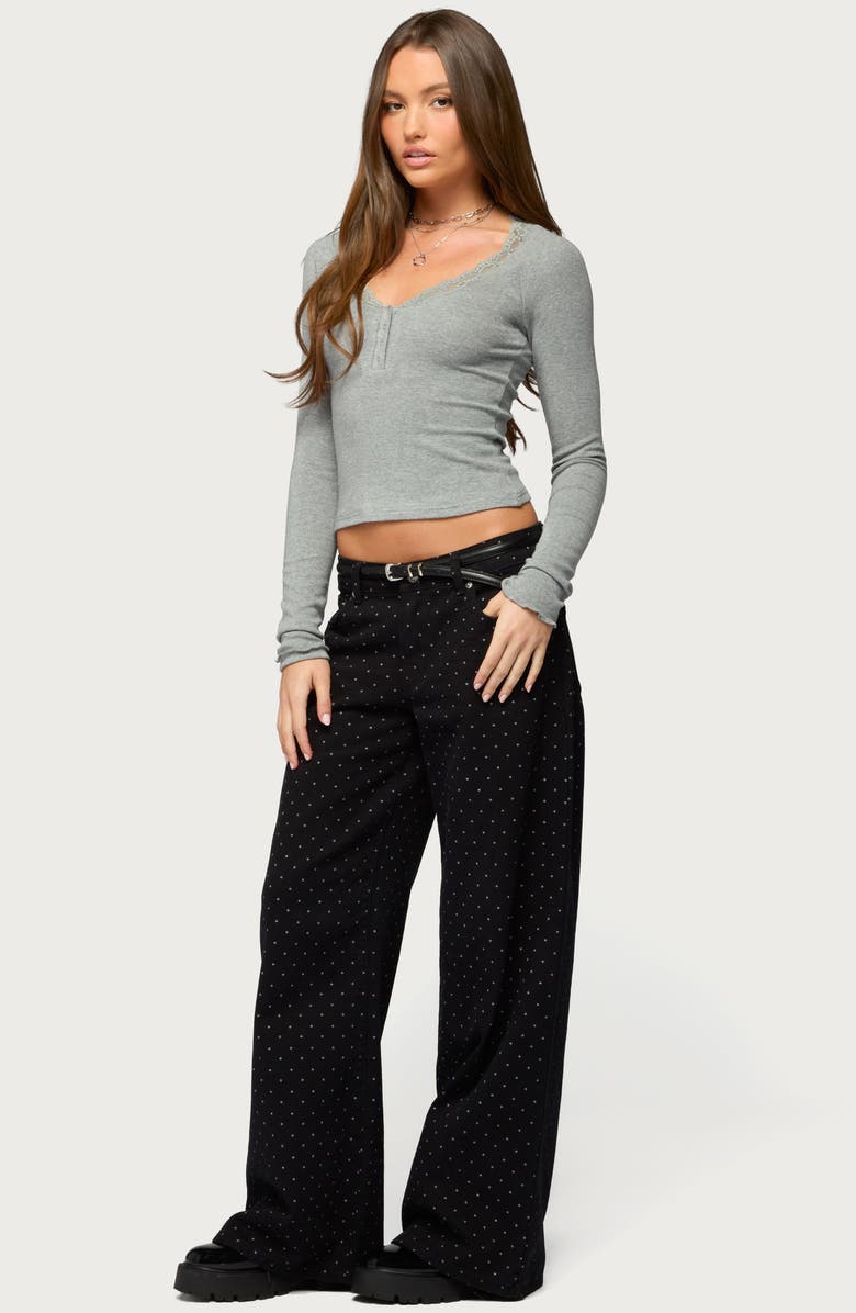 EDIKTED Shanah Lace Trim Henley, Alternate, color, Gray-Melange