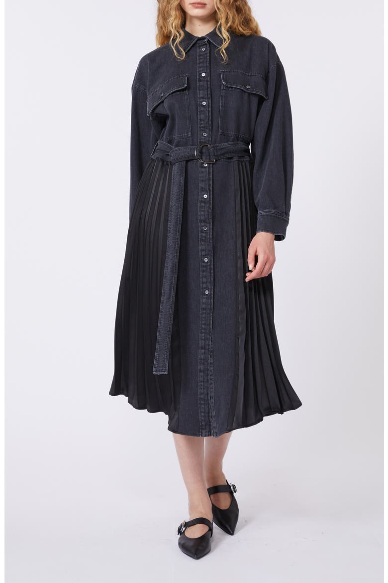 Citrato Long Sleeve Mixed Media Denim Shirtdress, Alternate, color, BLACK