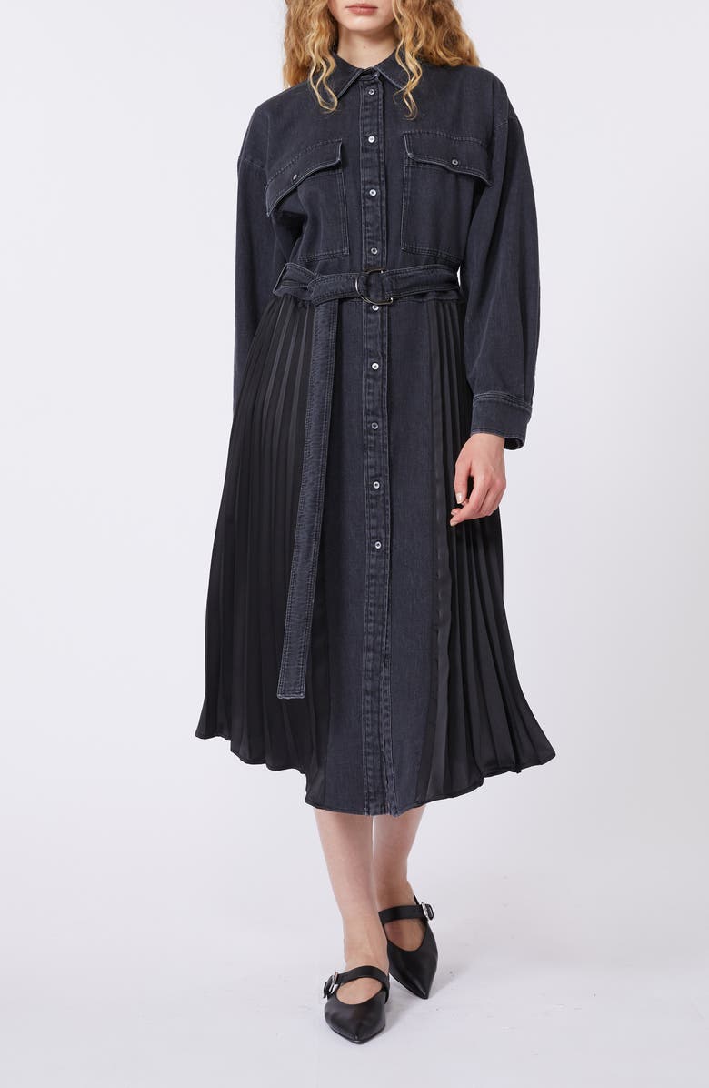 Weekend Max Mara Citrato Long Sleeve Mixed Media Denim Shirtdress, Alternate, color, Black