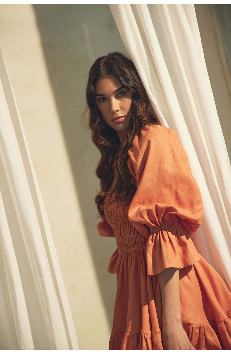 Vasiliki Amelia Ruched Mini Linen Dress in Rust Orange, Alternate, color, Rust Orange