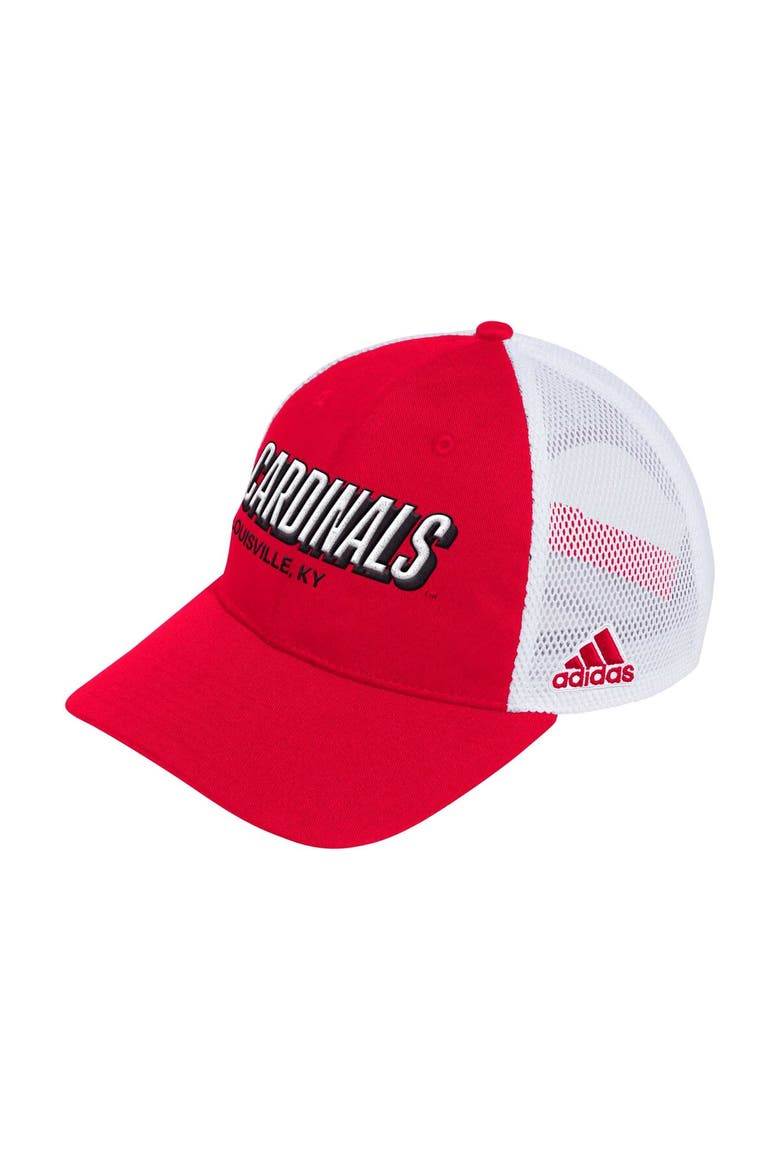 Men's adidas Red Louisville Cardinals Mascot Block Letter Slouch Trucker Adjustable Hat, Main, color, Red