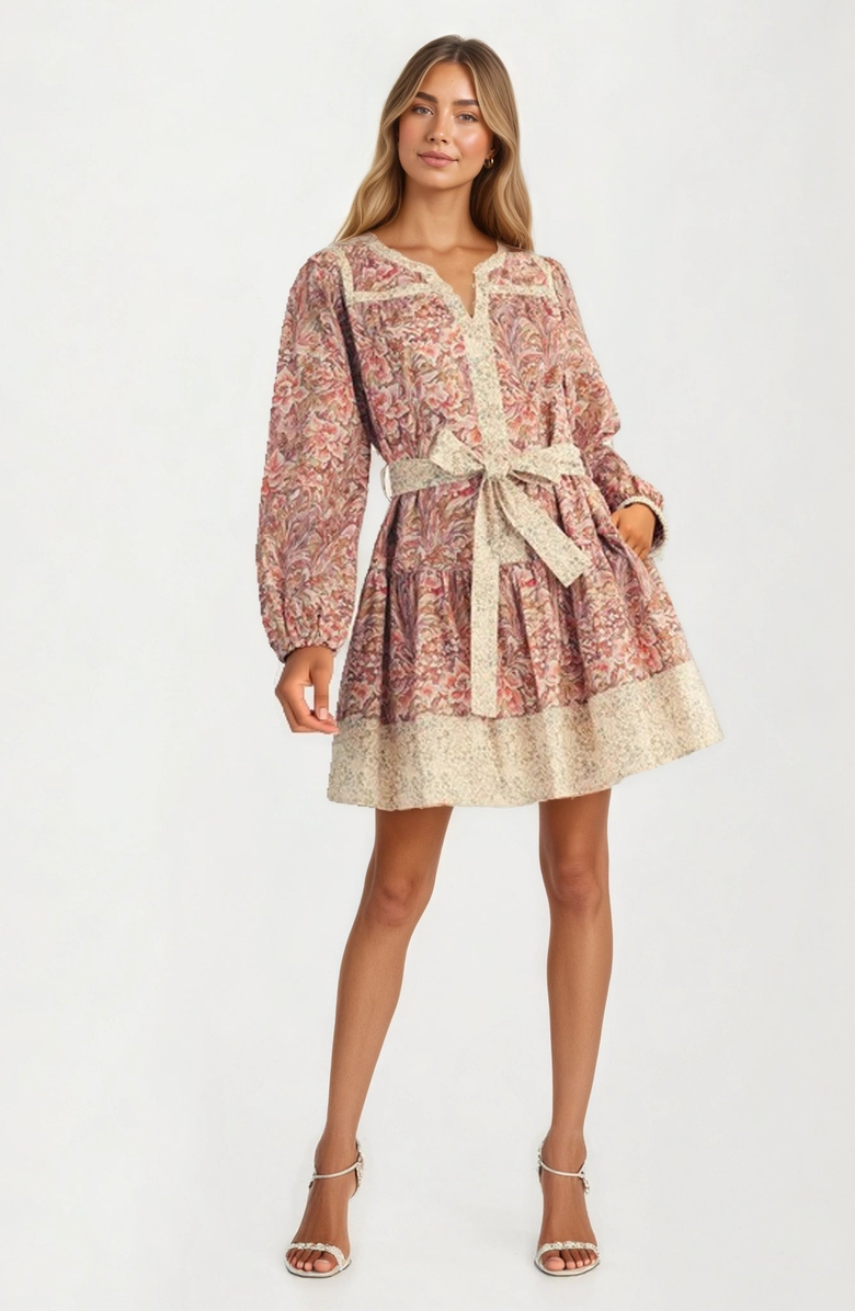 Knit and Lounge Long Sleeve Mini Dress with Contrast Tie Belt and Boho Print, Alternate, color, 