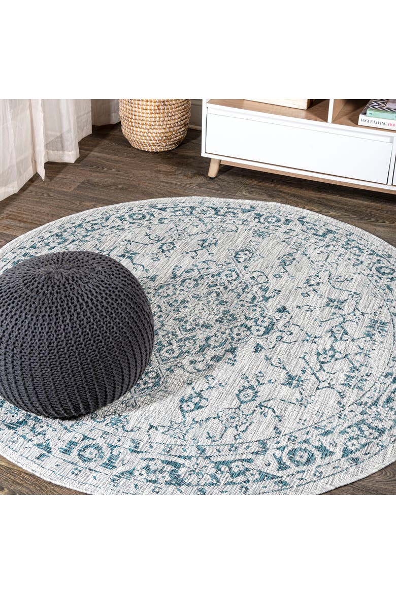 Rozetta Boho Medallion Textured Weave Indoor/Outdoor Round Area Rug, Main, color, Gray/Teal