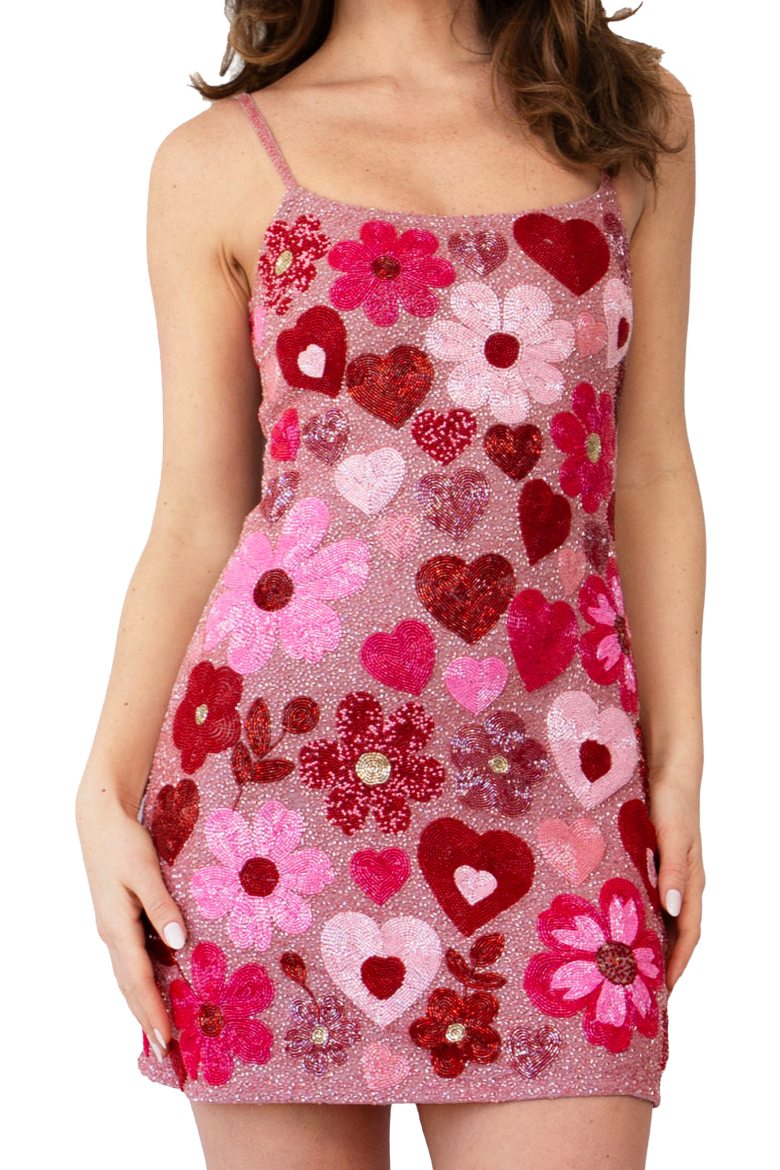Pink Bouquet Hand Beaded Embellished Mini Dress, Main, color, Pink