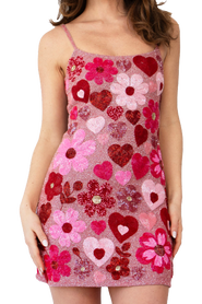 Self-Adore Pink Bouquet Hand Beaded Embellished Mini Dress
