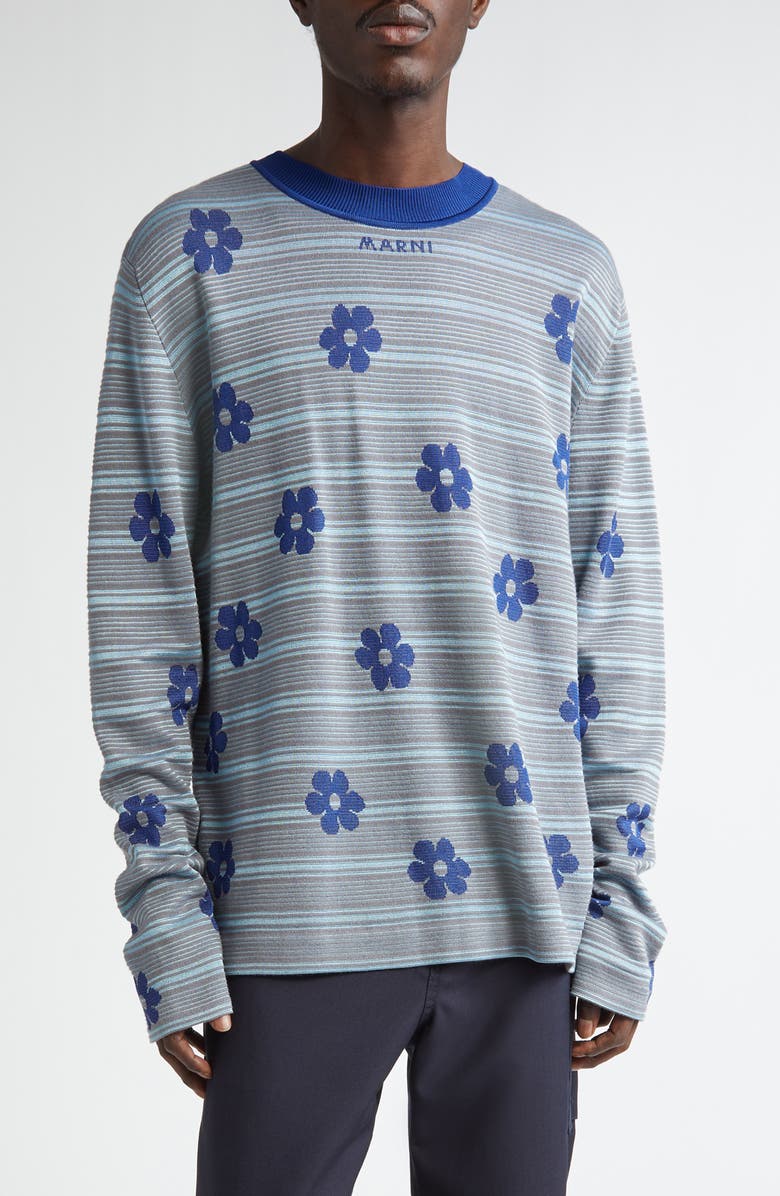 Marni Floral Stripe Cotton Sweater, Main, color, Blue