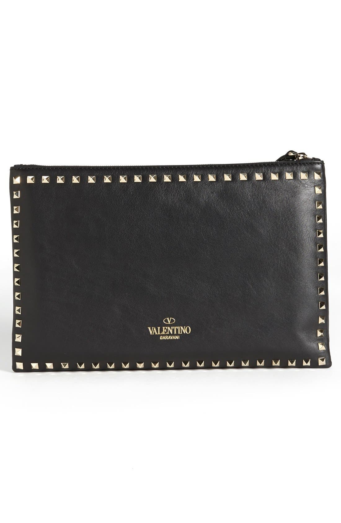 'Rockstud - Flat' Nappa Leather Clutch, Alternate, color, BLACK