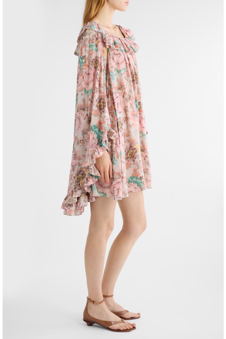 Bouquet Print Long Sleeve Silk Crêpe de Chine Minidress, Alternate, color, MUDDY GREY