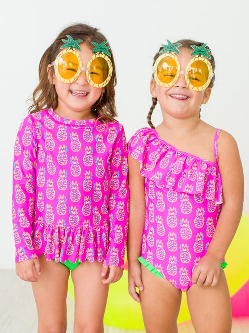 Shop Rufflebutts Girls Upf50+ Sun Protection One Shoulder Ruffle One Piece In Neon Violet Pineapples