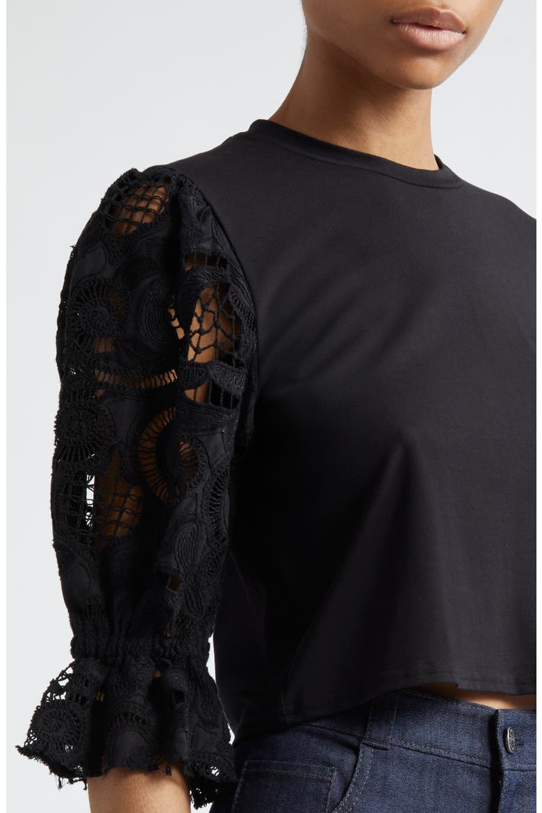 Mixed Media Puff Sleeve T-Shirt, Alternate, color, BLACK
