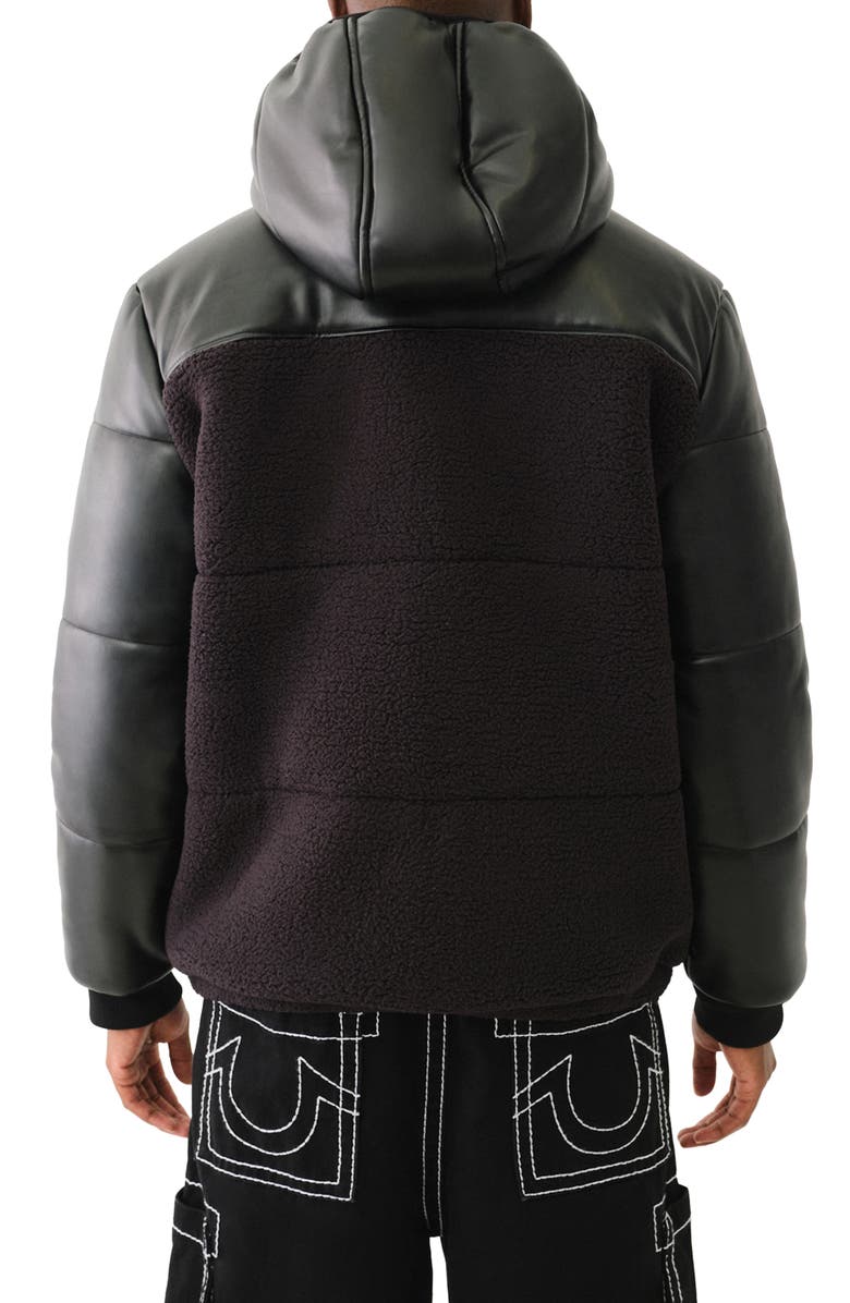True Religion Fleece & Faux Leather Hooded Puffer Jacket, Alternate, color, Jet Black