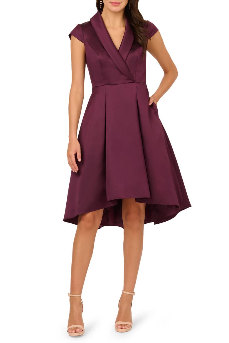 Box Pleat High-Low Mikado Dress, Main, color, PINOT NOIR